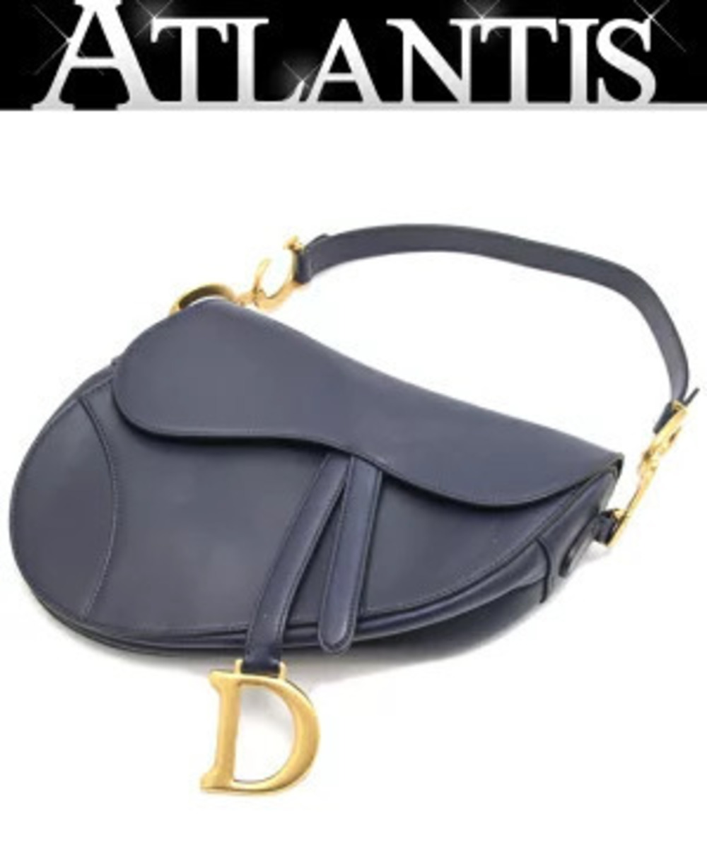 Christian Dior Saddle Bag Handbag Leather Navy Blue